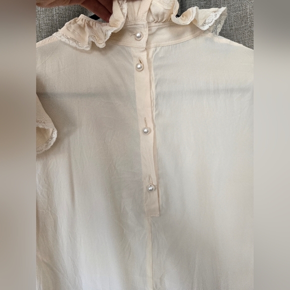 Philosophy de Lorenzo Serafini Silk Blouse Womens 4 Cream Ivory Ruffles Pearls - Picture 4 of 7